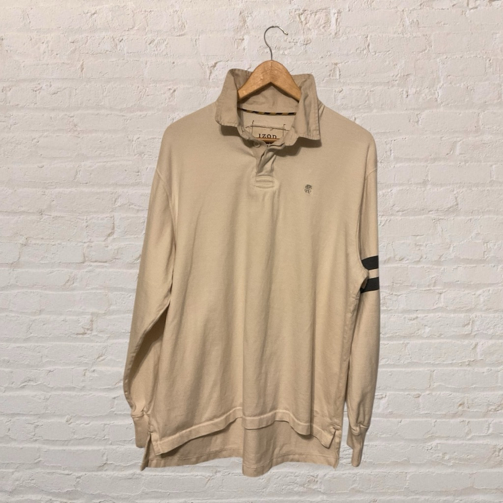 Izod Jeans Rugby Long Sleeve Polo β Menβs Large, Off-White with Navy Arm Stripes